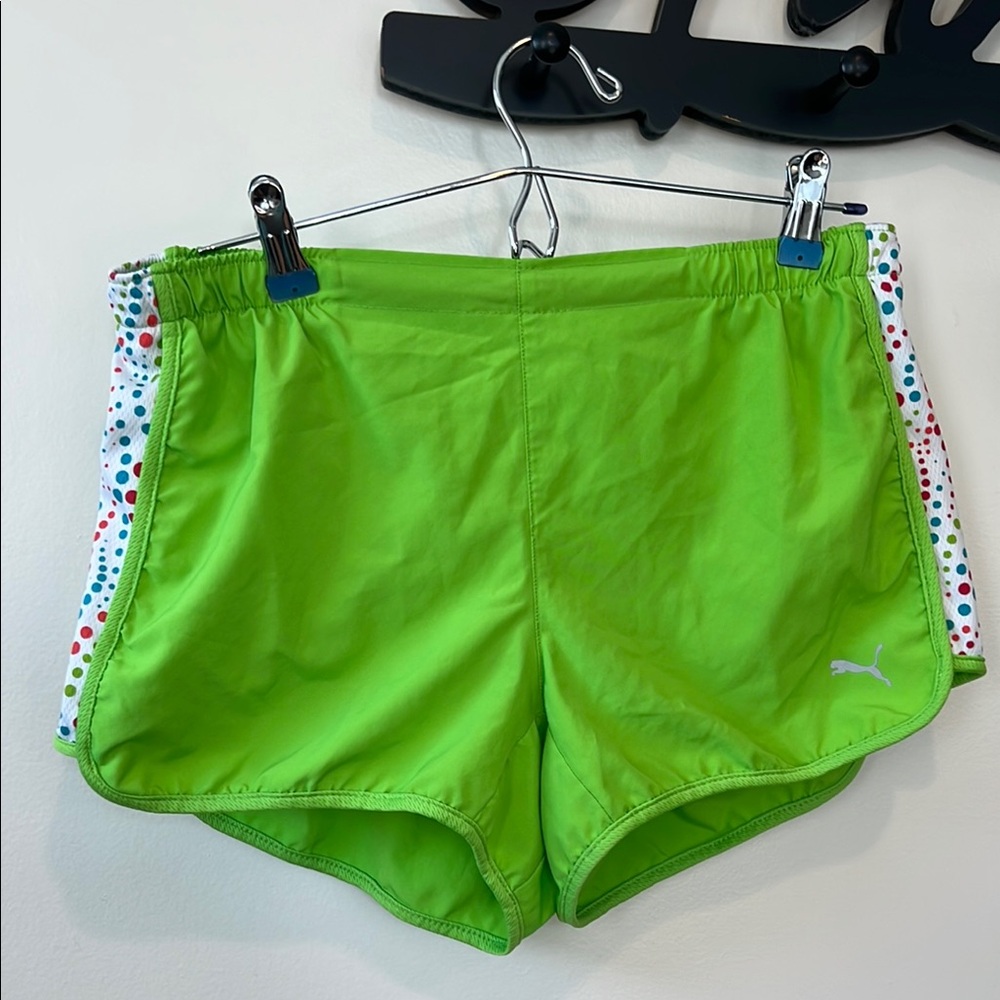 Puma Lime Green Running Shorts with Multicolor Trim and Built in Liner